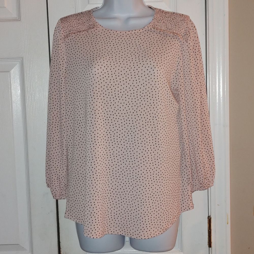 Adrianna Papell Light Pink Smocked Shoulder Long Sleeve Top w/ Hearts  Sz S